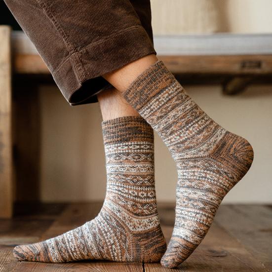 Warm Wool Socks for Men Winter Thermal Thick Crew Socks Vintage Style Retro Pattern Socks for Cold Weather