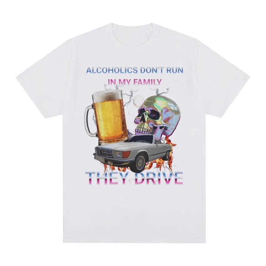 Men's Alcoholics Don't Run in My Family Fun emoji pattern printed 100% pure cotton short-sleeved T-shirt casual top