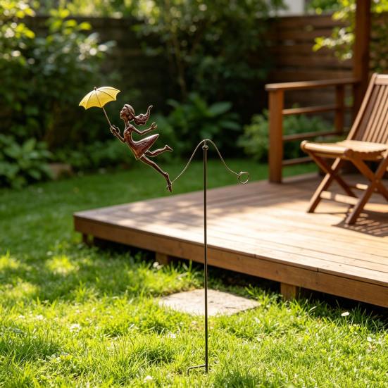 Rustic Metal Girl Balance Garden Stake Vintage Kinetic Balancing Sculpture Yard Art with Umbrella for Outdoor Park Lawn Patio Decor