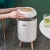 Round High-Foot Trash Can with Wood Grain Lid - Large Capacity for Kitchen & Bathroom