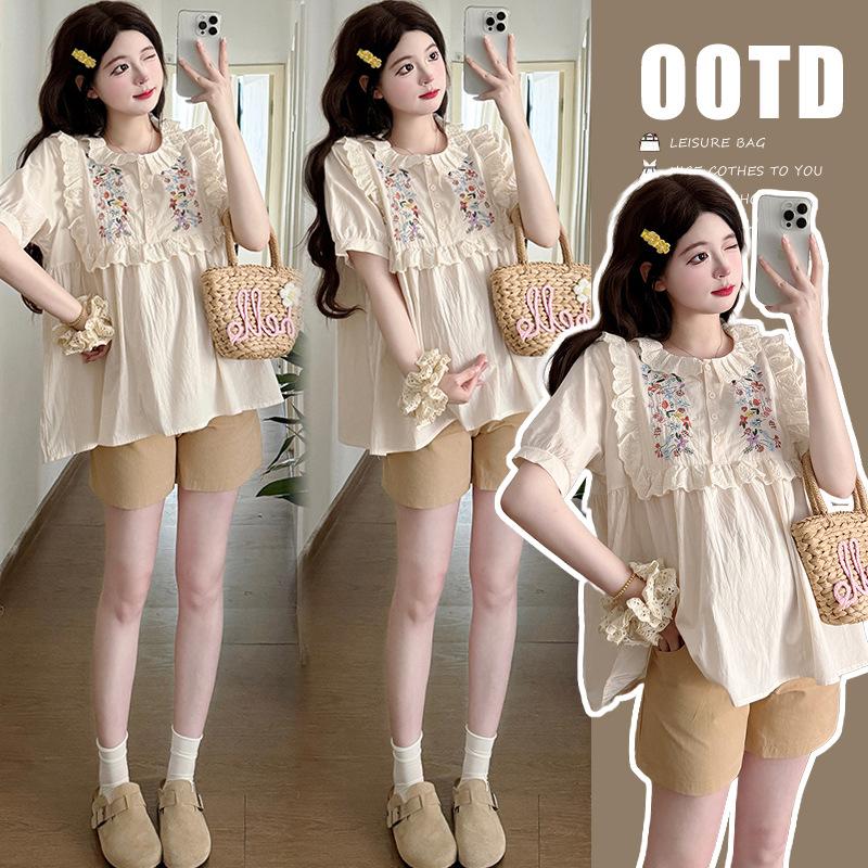 2026 Summer Maternity Floral Embroidery Two-Piece Set: Sweet Doll Shirt + Support Shorts M
