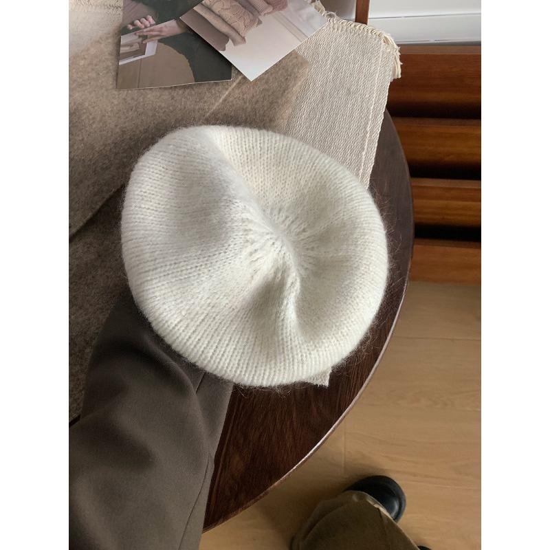 Béret Tricoté Mohair pour Femmes Automne et Hiver Chapeau de Peintre en Peluche Polyvalent Grande Circonférence de Tête Montrant le Visage Petit Chapeau en Laine
