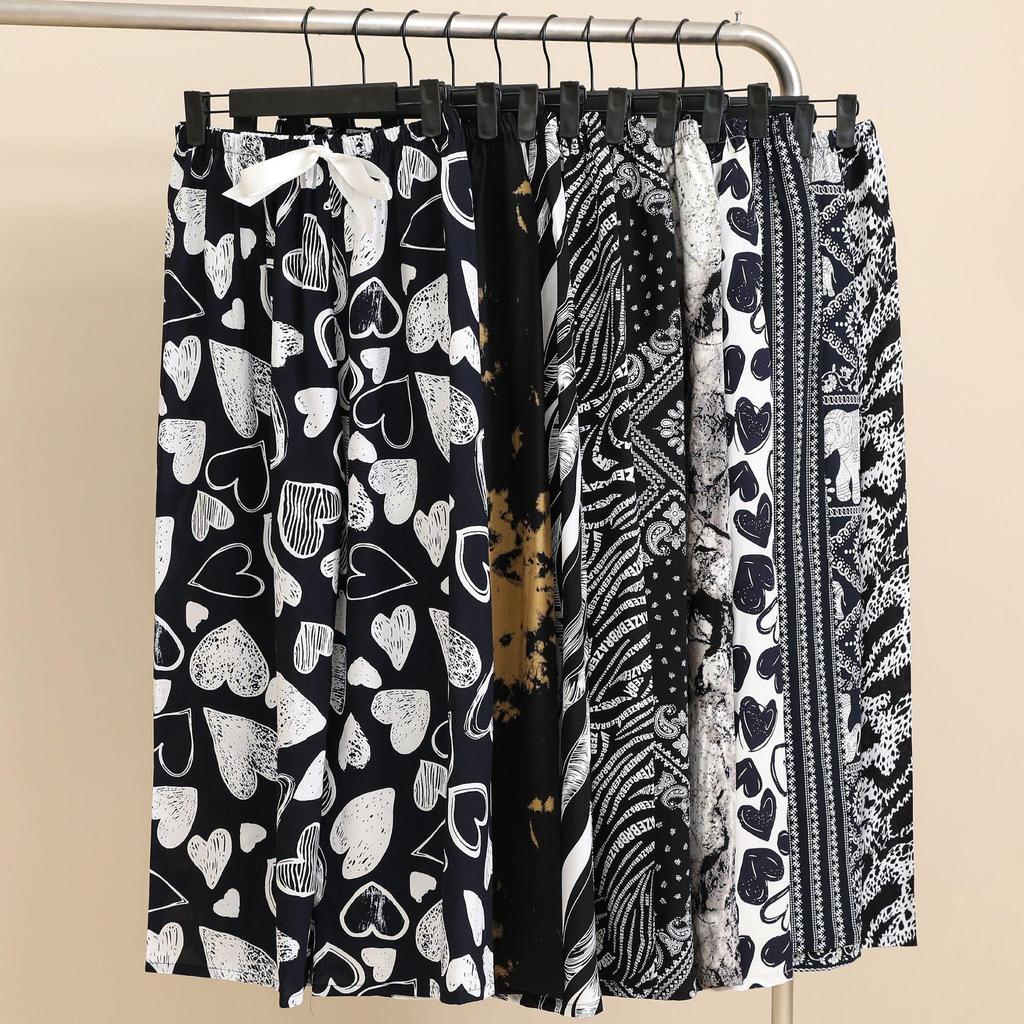 Women's Cotton-Silk Cartoon Pajama Pants, Summer Thin, Black & White Wide-Leg, Plus Size, Outdoor Beach Wear.