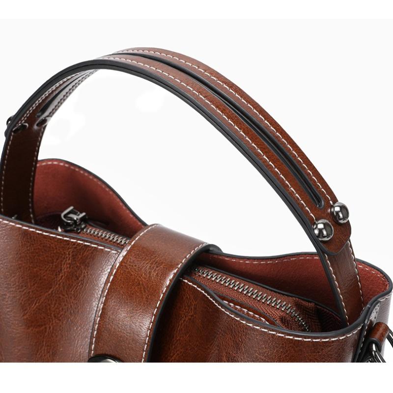 Real Oil Wax Leather Women's Bucket Bag Casual and Simple Handbag Large Capacity Ladies Cowhide Fashionable Crossbody Tote Bag