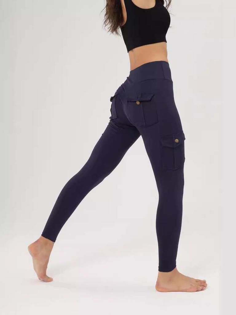 Cross-Border Breathable Hip-Lifting Yoga Leggings with Button Pocket.