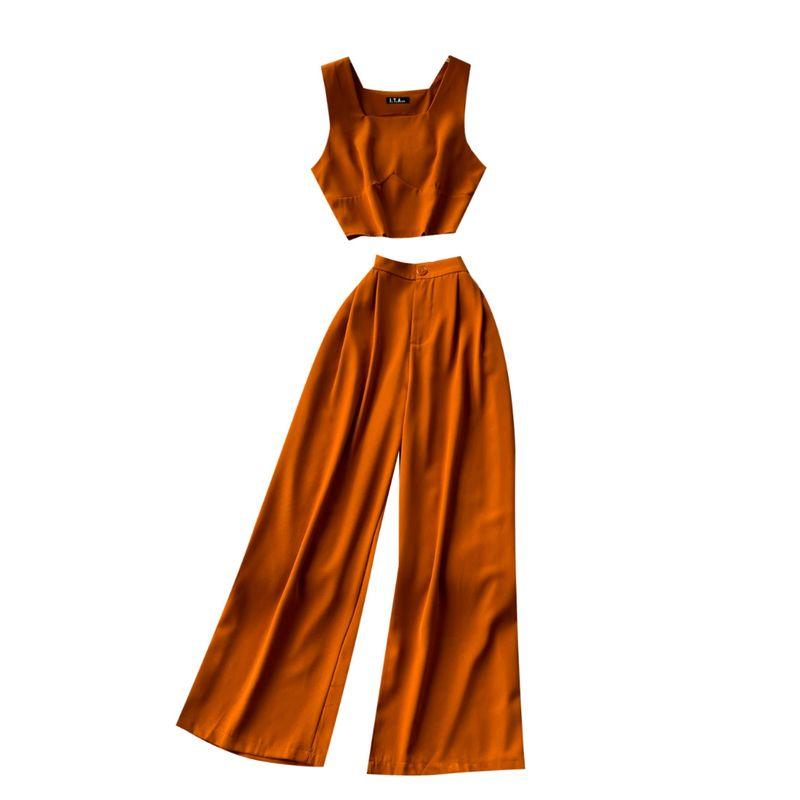 Fashion Niche Style Anti-Aging Outfits Women's Short Crop Top Sleeveless Vest Tops + High Waist Wide Leg Leisure Suit Pants