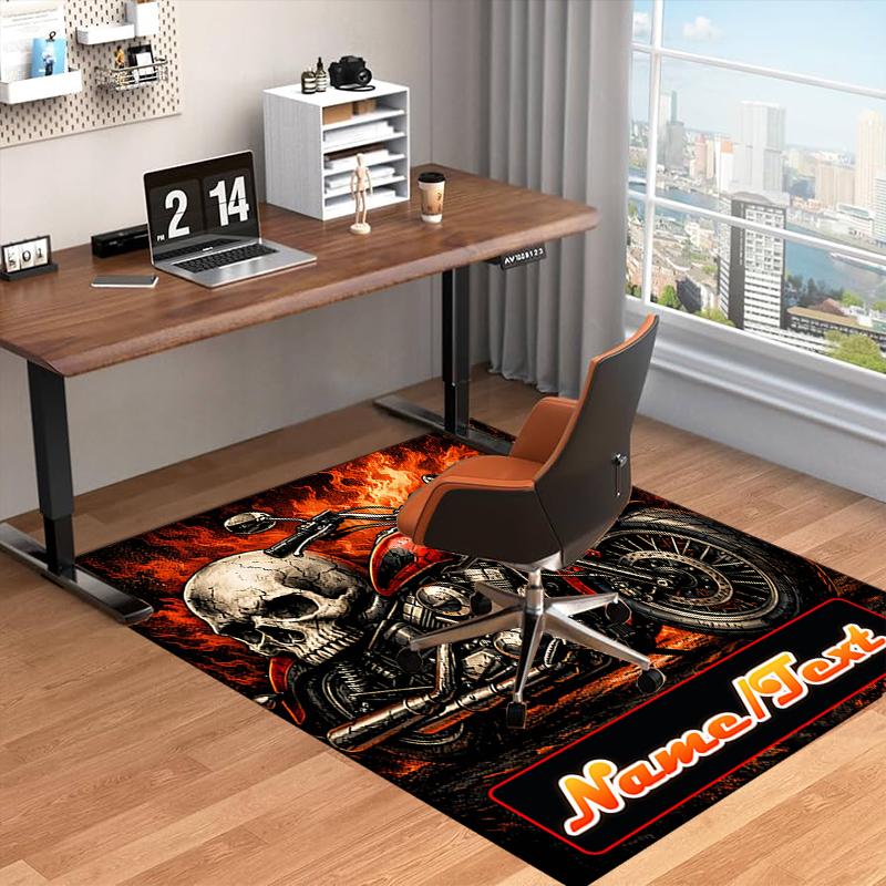 1PC Custom Name Skull Motorcycle Flames Theme Floor Mat Ideal for Living Room, Game Rooms, Office, Bedroom,Floor Mat Playful Design