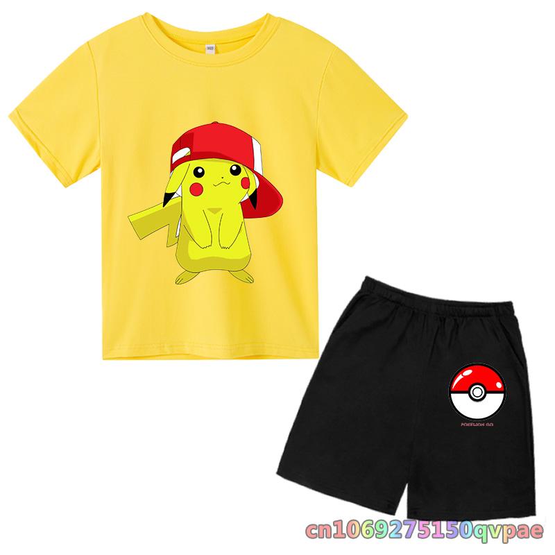 Children's Clothes Cartoon Summer Kids Animal Pokemon T-shirt Set Boys' Clothing  Leisure Cotton Pikachu Print Short Sleeve