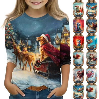 Christmas Day Print Tops For Youth Girls 5-16 Years Round Neck 3/4 Sleeves T-Shirts Trendy Tops Outfit Tees