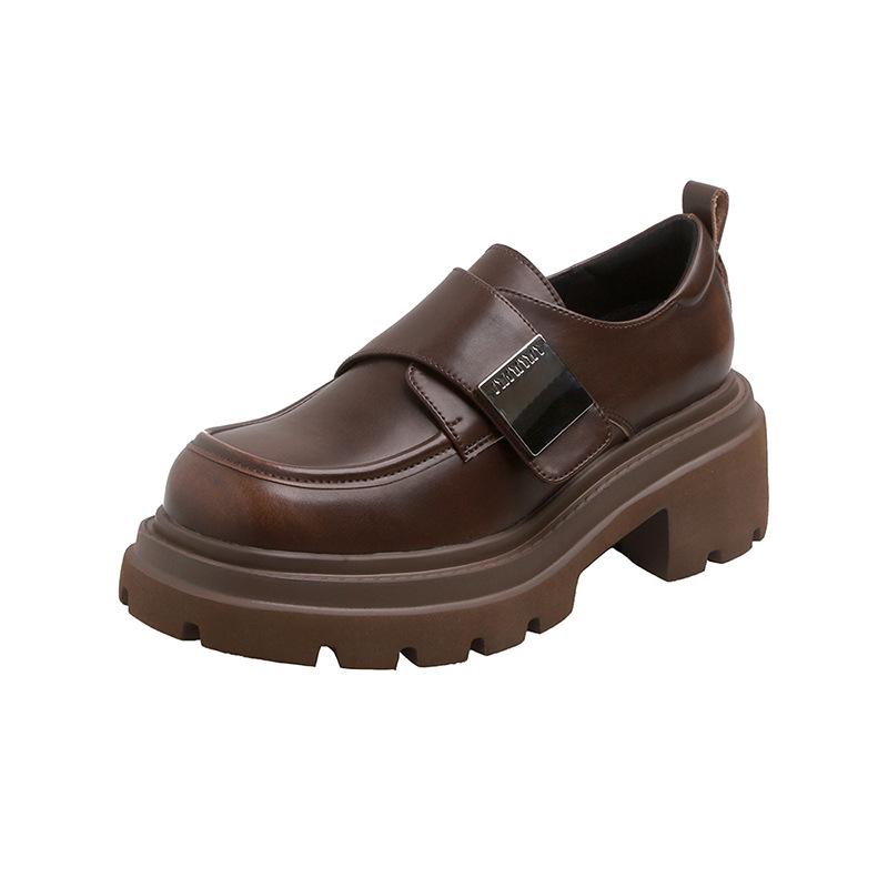 

Cowhide spring loafers platform-soled versatile style Velcro retro heightening small leather shoes single shoes 39 коричневий