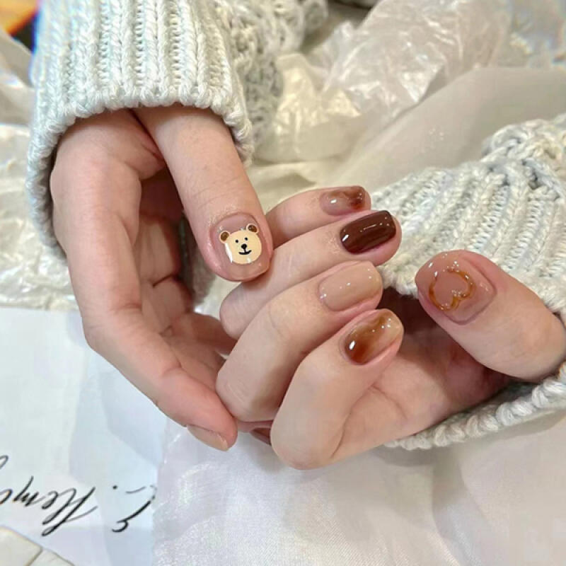 Brown Marble Cute Teddy Bear Nail Tips [24tips] R662
