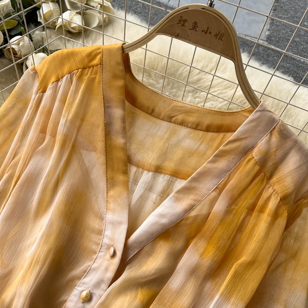 Women French Fashion Single Breasted V Neck Long Dress With Belt Summer Autumn Elegant Print A-line Robe Female Holiday Clothes
