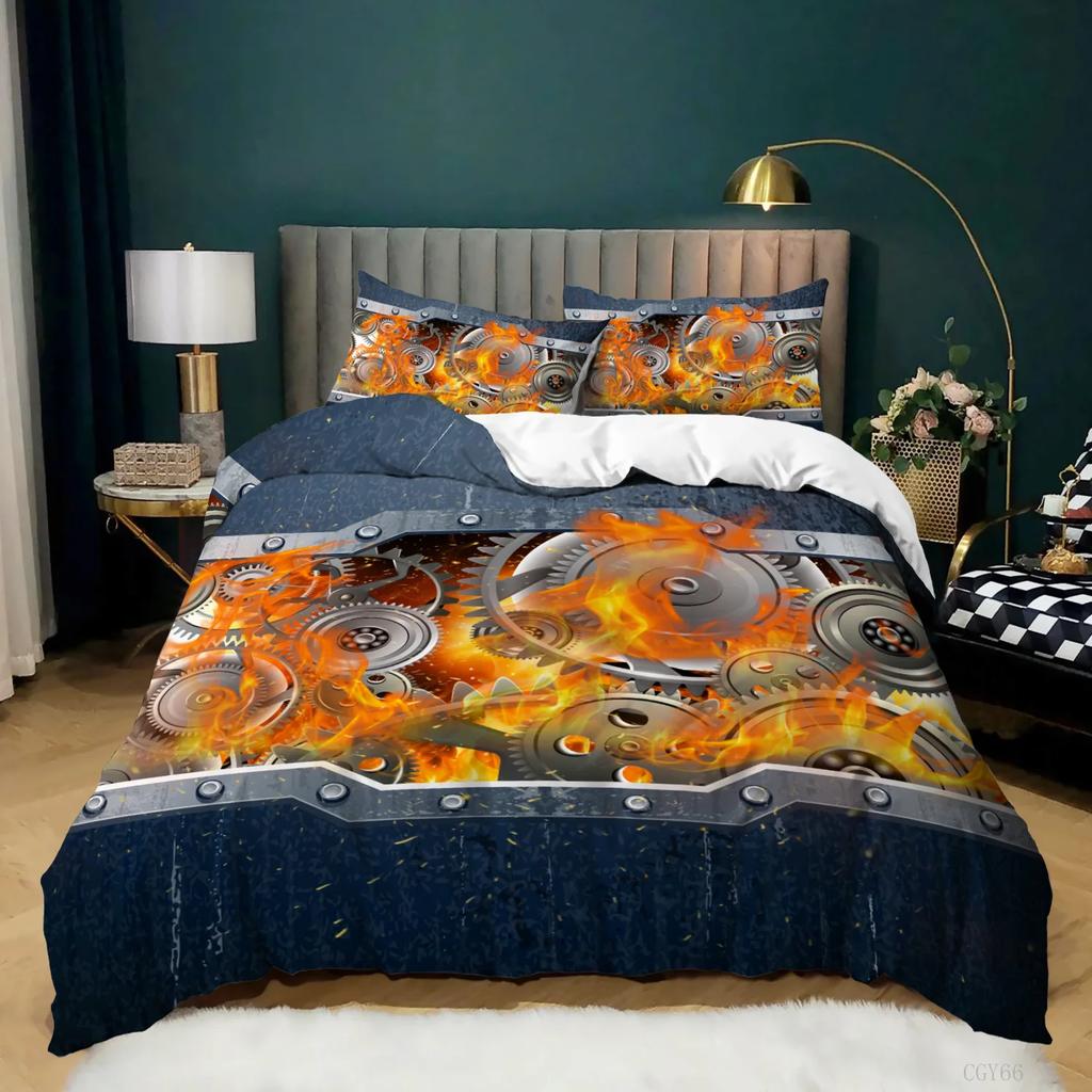 Industrial Gear Bedding Steampunk Style Duvet Cover King Queen Metal Mechanical Device Polyester Quilt Cover for Teens Men Black