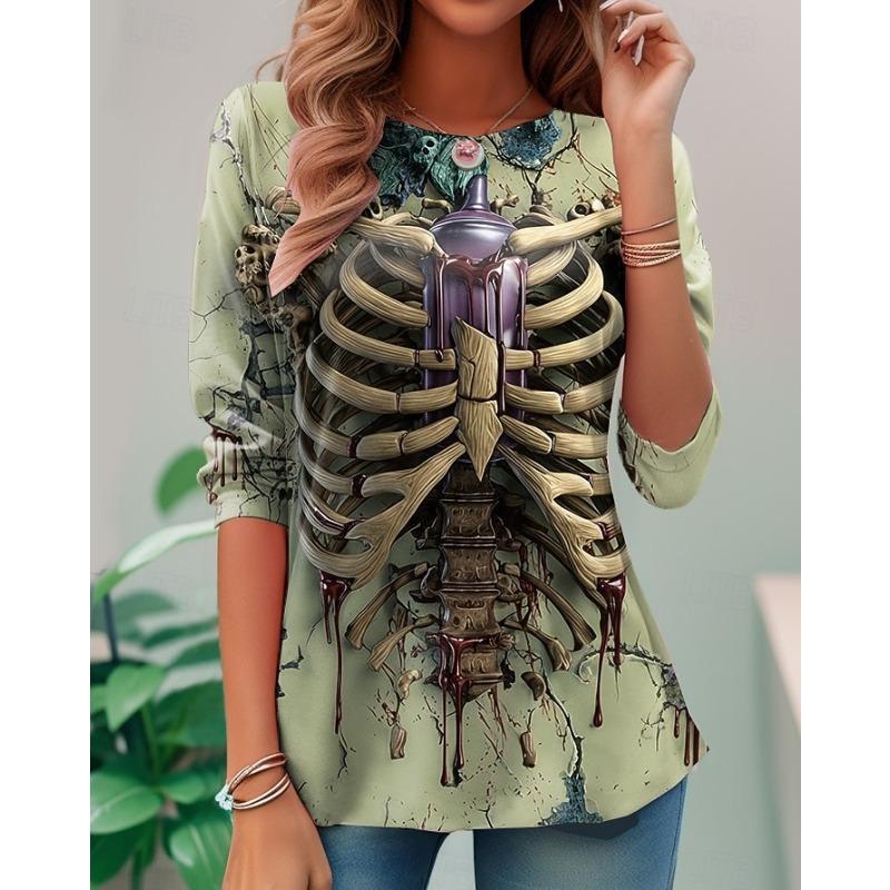 Damen T-Shirt,3D-Druck,O-Ausschnitt,Langarm,Lässig,Leichtes Oberteil,Halloween,Hip Hop,Große Größe,Mode