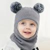 Winter Kids Balaclava Hat Double Pompom Knit Beanie Cap for Baby Boy Girl Warm Thick Fleece Lining Children One-piece Hat Scarf
