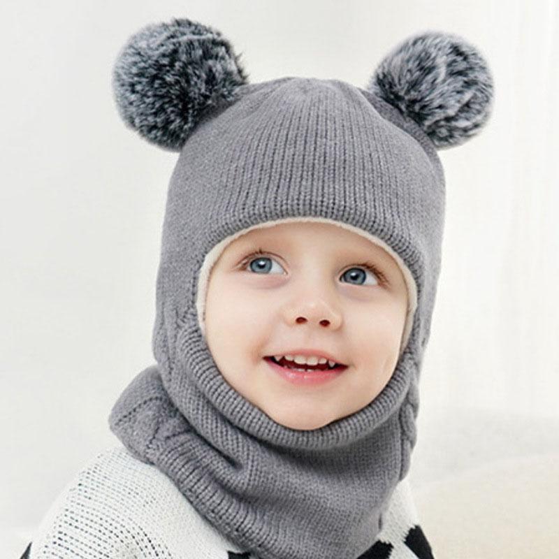 Winter Kids Balaclava Hat Double Pompom Knit Beanie Cap for Baby Boy Girl Warm Thick Fleece Lining Children One-piece Hat Scarf