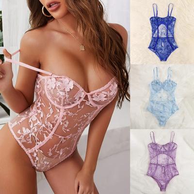 Women's Lace Embroidered Bodysuit with Underwire Support Adjustable Straps Sheer Mesh Fabric One-Piece Lingerie