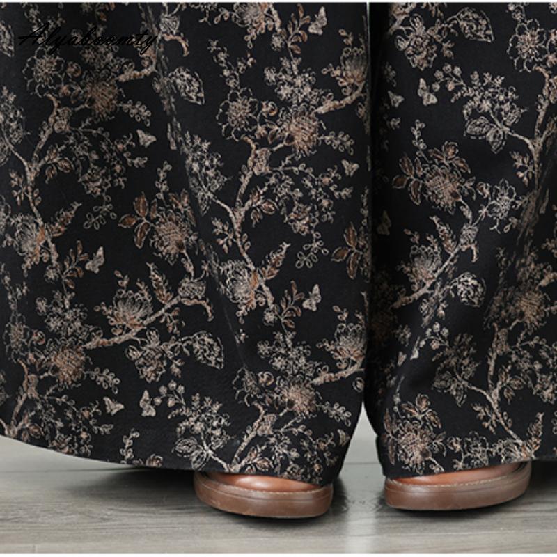 Modă Coreeană Primăvară Toamnă Femei Blugi Negri Talie Înaltă Șnur Imprimeu Floral Pantaloni Denim Cu Buzunare Vintage Eleganți Blugi cu Picior Larg