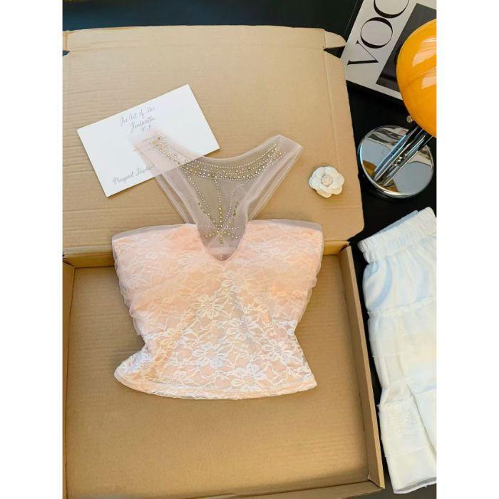 Summer New Pure Desire Wind Hot Diamond Mesh Splicing Neck Vest Women's Off-the-shoulder Design Slim and Thin Short Top