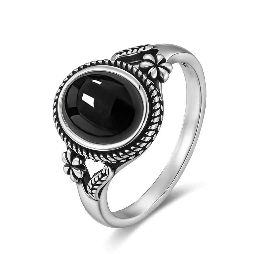 Vintage  Sterling Silver Natural Black Onyx 8*10mm Ring Flower Shaped Ring Fine Jewelry Finger Ring For Women