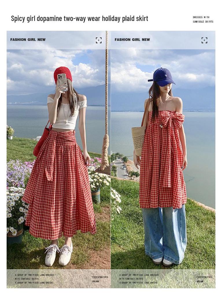 American Trendy Spicy Girl: Versatile Plaid Pleated Long Skirt + Strapless Plaid Umbrella Top