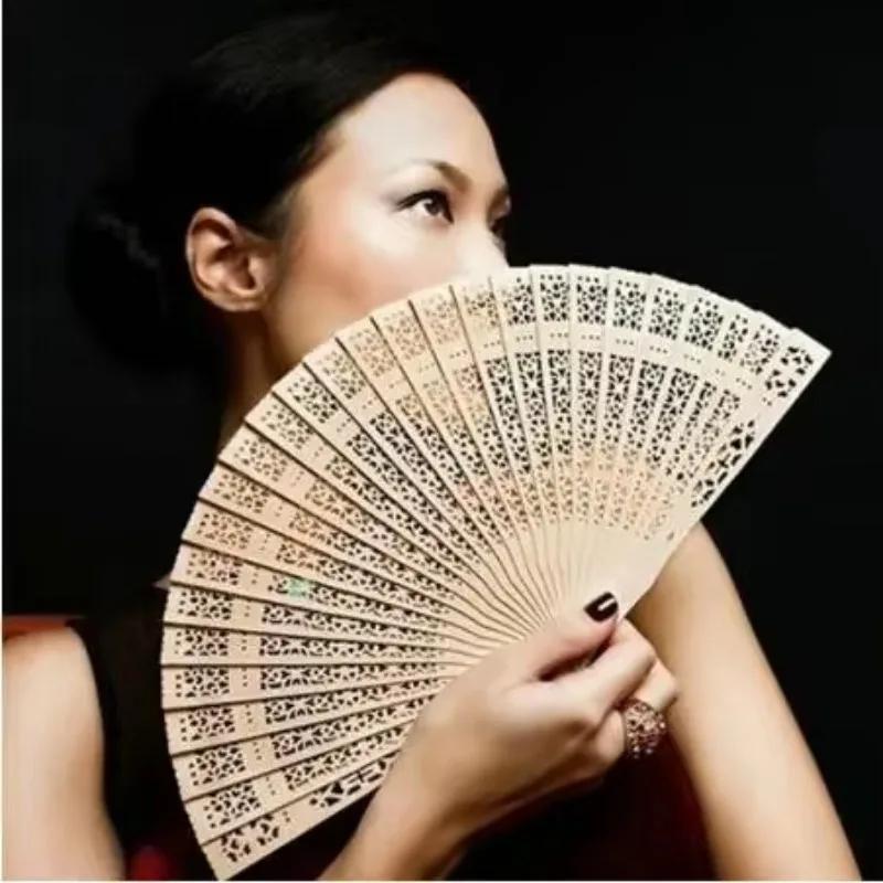 Chinese Vintage Simple Fashion Sandalwood Scented Folding Hollow Wooden Fans Hand Held Fans Accessories Gifts Decoration Supply