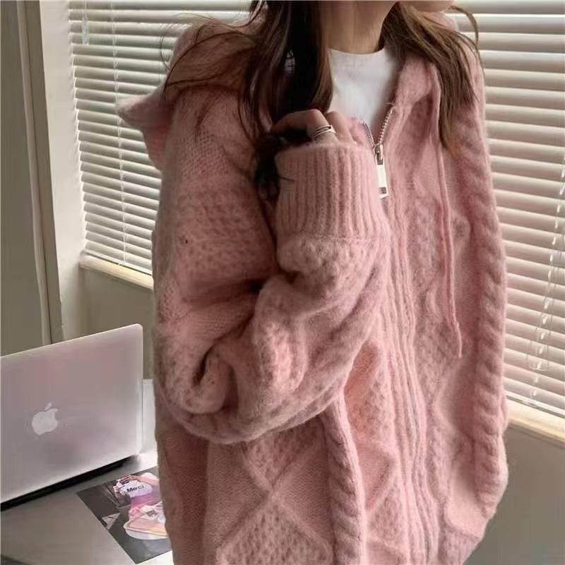 Twist sweater women's autumn and winter new retro loose lazy outer wear knitted sweater hooded cardigan jacket