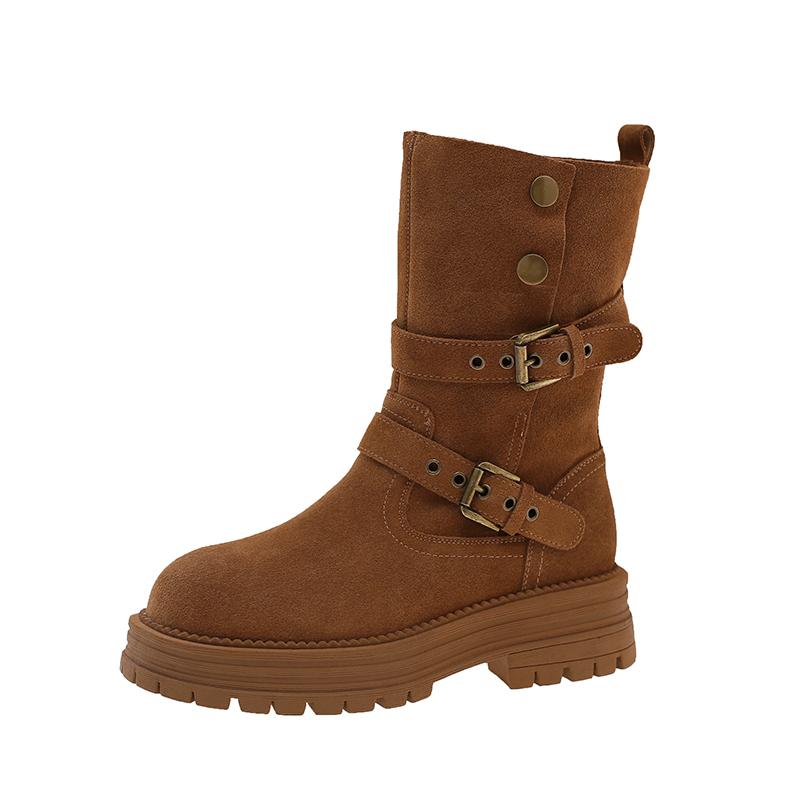 Fashion Studded Metal Buckle Platform Single Boots Women's Autumn New Round Toe Upper Foot Non-Slip Block Heel Short Boots