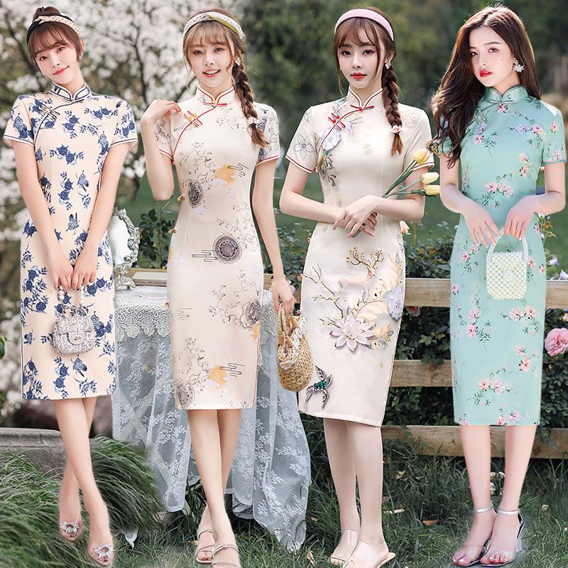 Robe Cheongsam Rétro Stretch Quadridirectionnel Moyen Simple Couche 2025