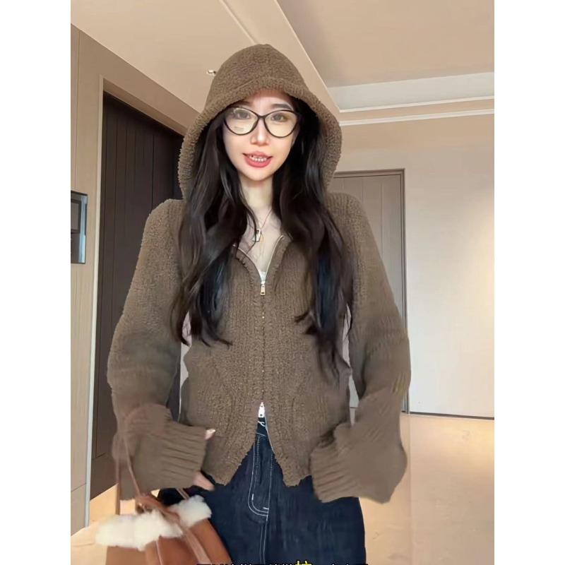 

Мягкий вязаный кардиган с капюшоном, теплая женская однотонная куртка с двойной молнией в стиле ретро, короткий свитер на осень и зиму XL