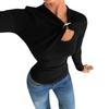 European-American Soft Asymmetrical Long Sleeve T-shirt with Hollow Metal Buckle for Women - Spring/Summer