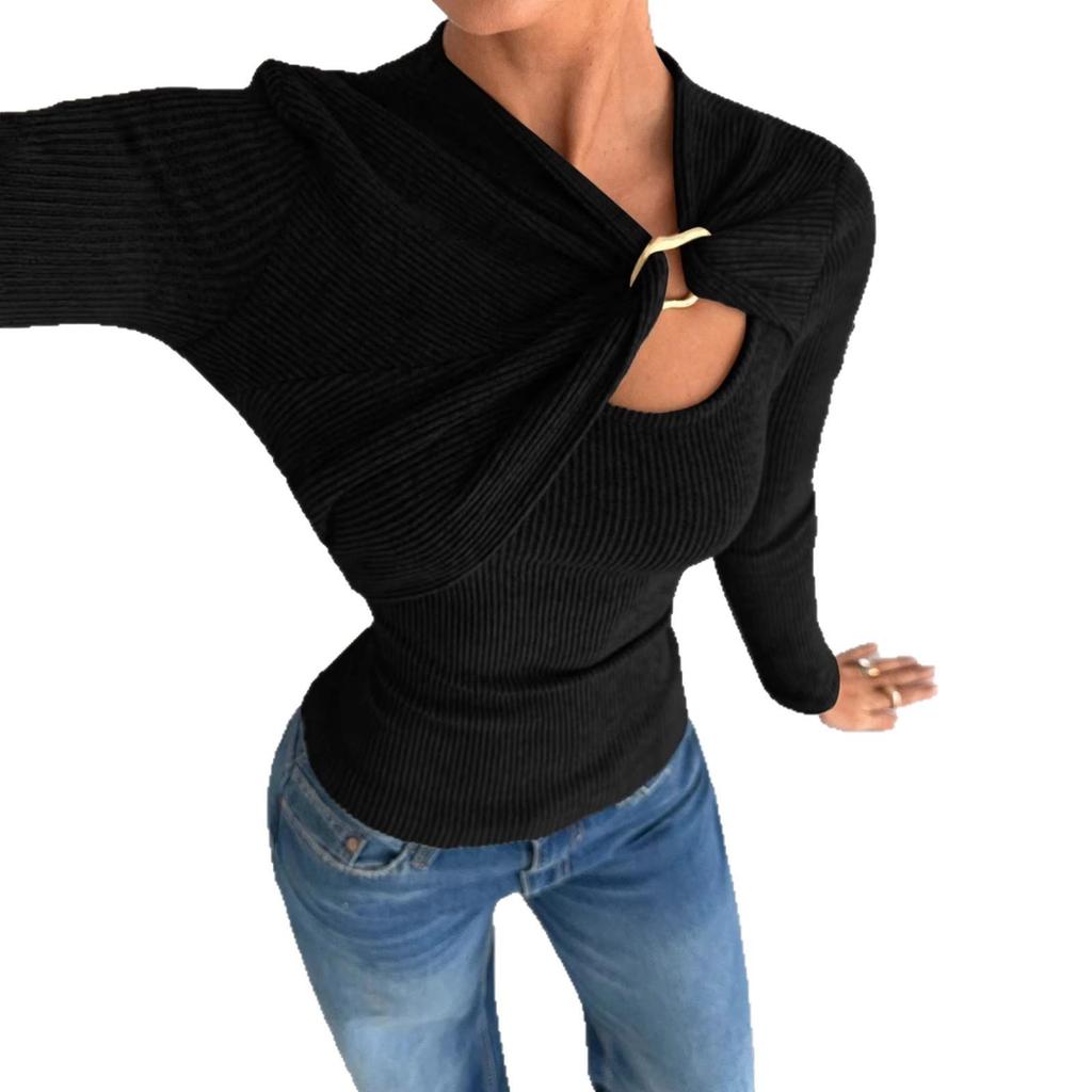 European-American Soft Asymmetrical Long Sleeve T-shirt with Hollow Metal Buckle for Women - Spring/Summer