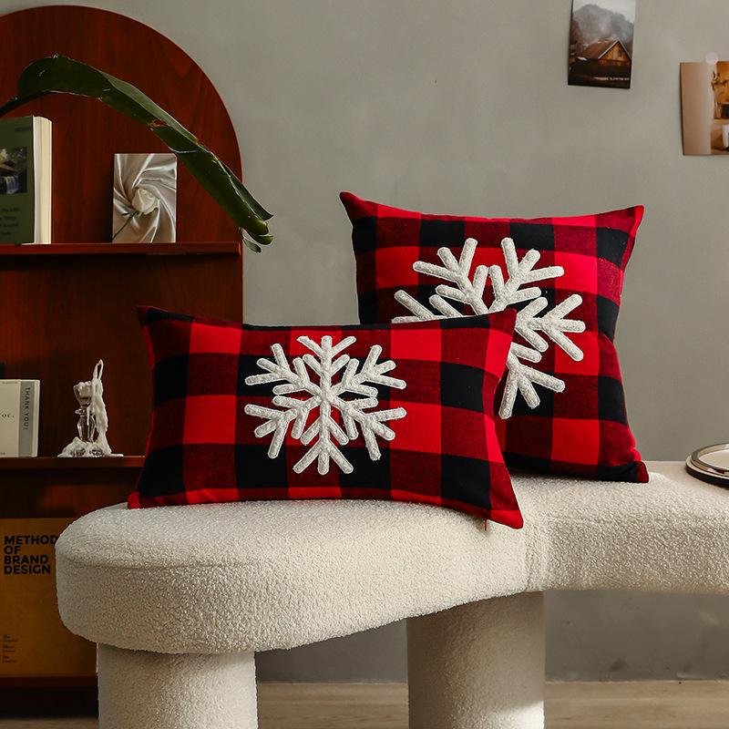 Christmas Red and Black Plaid Embroidered Pillow Cushion Cushion Cover Christmas Style Bedroom Living Room Pillow Without Core