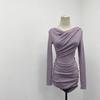 High Elastic Flowing Collar Dress In Bewitching Purple - Early Autumn Pleated Hip-Hugging Skirt, 230g