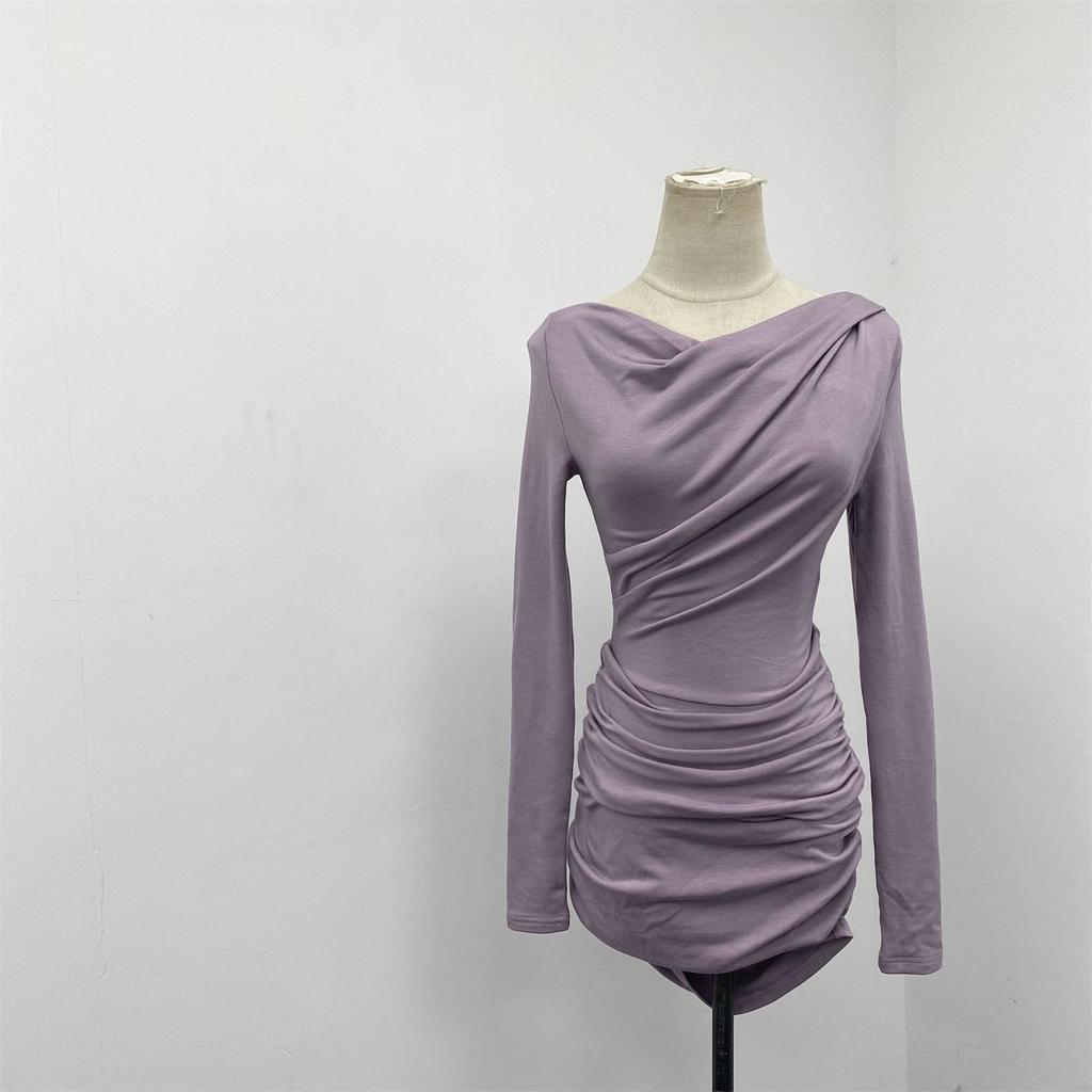 High Elastic Flowing Collar Dress In Bewitching Purple - Early Autumn Pleated Hip-Hugging Skirt, 230g