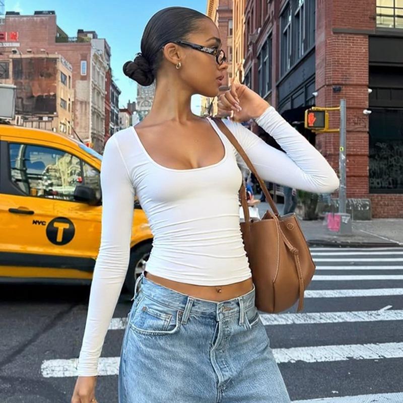 European and American ins style women's clothing autumn new solid color U-neck long-sleeved slim-fit bottoming shirt T-shirt top