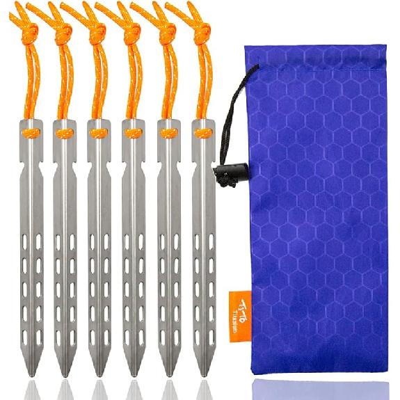 TiTo 6 Pack Titanium Tent Stakes 14X14X160mm V-Shaped Windproof Tent Nail Pegs with Carrying Pouch for Camping, Hiking, Gardening and 10*10*160MM Silver