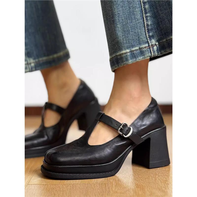 First Layer Leather British Retro T-strap Mary Jane Shoes Women's Thick Heel High Heel Small Leather Shoes Single Shoes
