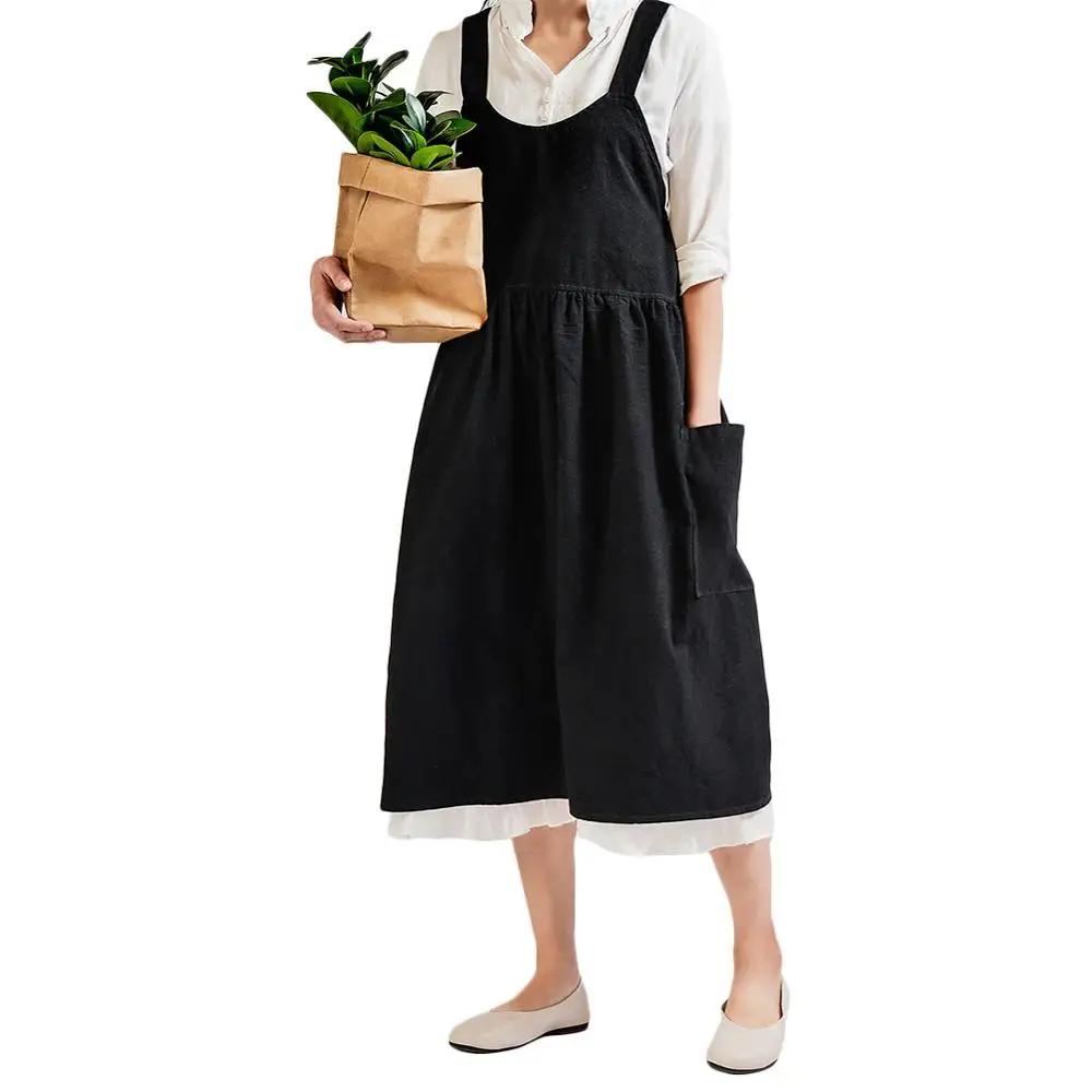 Women Cross Back Apron Japanese Housework Baking Wrap Cotton Linen Florist Dress Literary Art Cotton And Linen Advertising Apron
