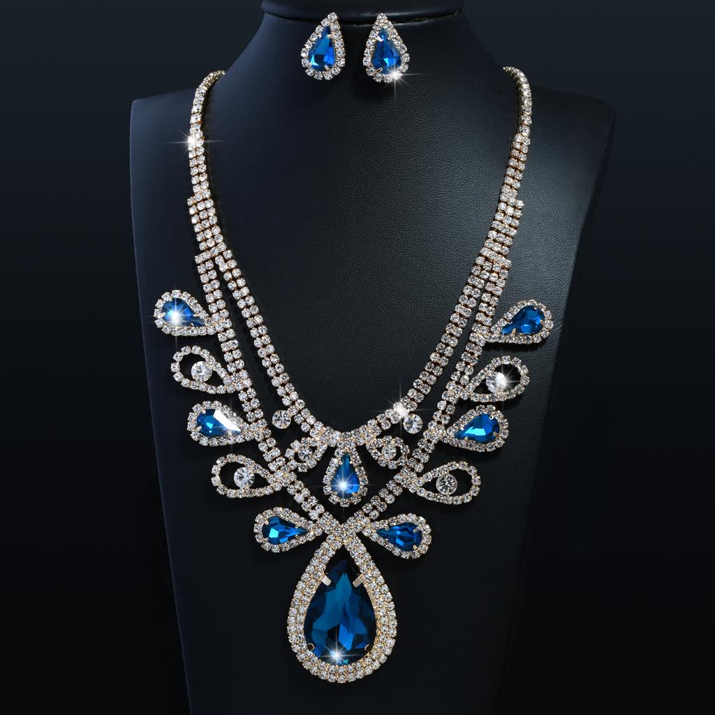 Fashion High-Grade Colourful Teardrop Female Bridal Crystal Full Diamond Necklace Earrings Two-Piece Set Exquisite