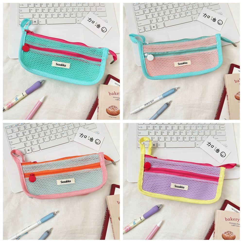Retro Color Transparent Pencil Bag Nylon Zipper Stationery Bag Portable Mesh Pencil Case  Outdoor