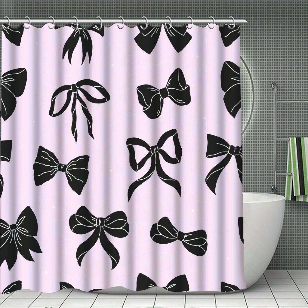 Cooles Duschvorhang-Set Rosa&Schwarz Schleife 3D-gedruckt Wasserdichter Polyesterstoff Badvorhänge Heim Badezimmerdeko Mit 12 Haken