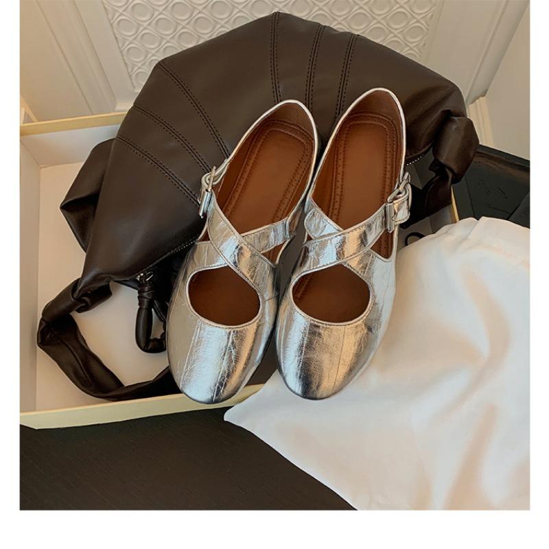 Sheepskin version~ Leather soft-soled silver Mary Jane single shoes women's cross-buckle round head ballet flat shoes small leather shoes