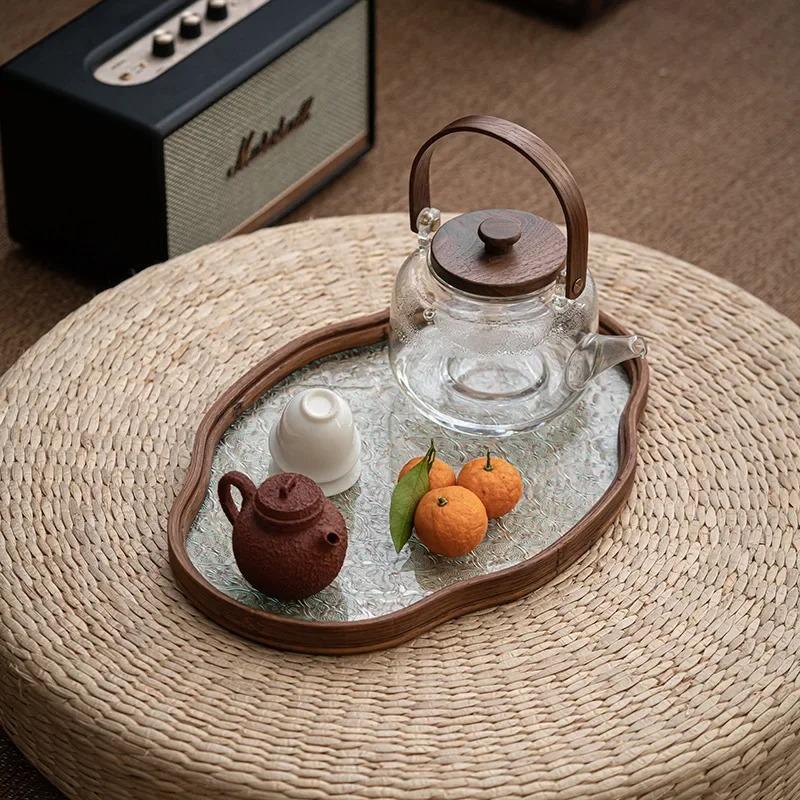 Japanese-style Wood Tray Retro Glass Tray Cake Candy Kung Fu Tea Jewelry Decor Tray Dessert Storage Dish Home Decor Posing Prop