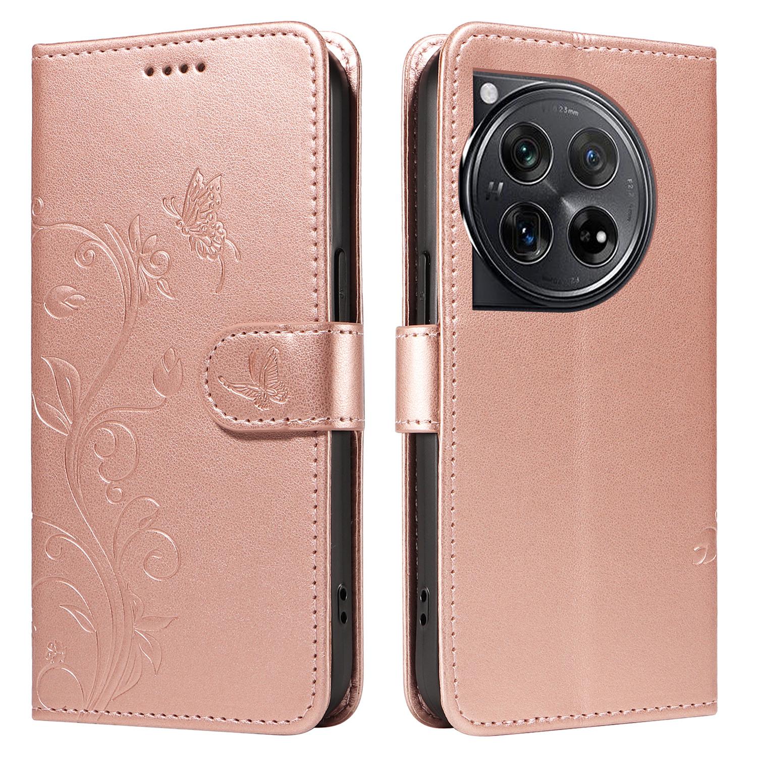 

For OnePlus 12 5G PU Leather Cases Flower Pattern Wallet Stand Phone Cover with Strap Rose Gold