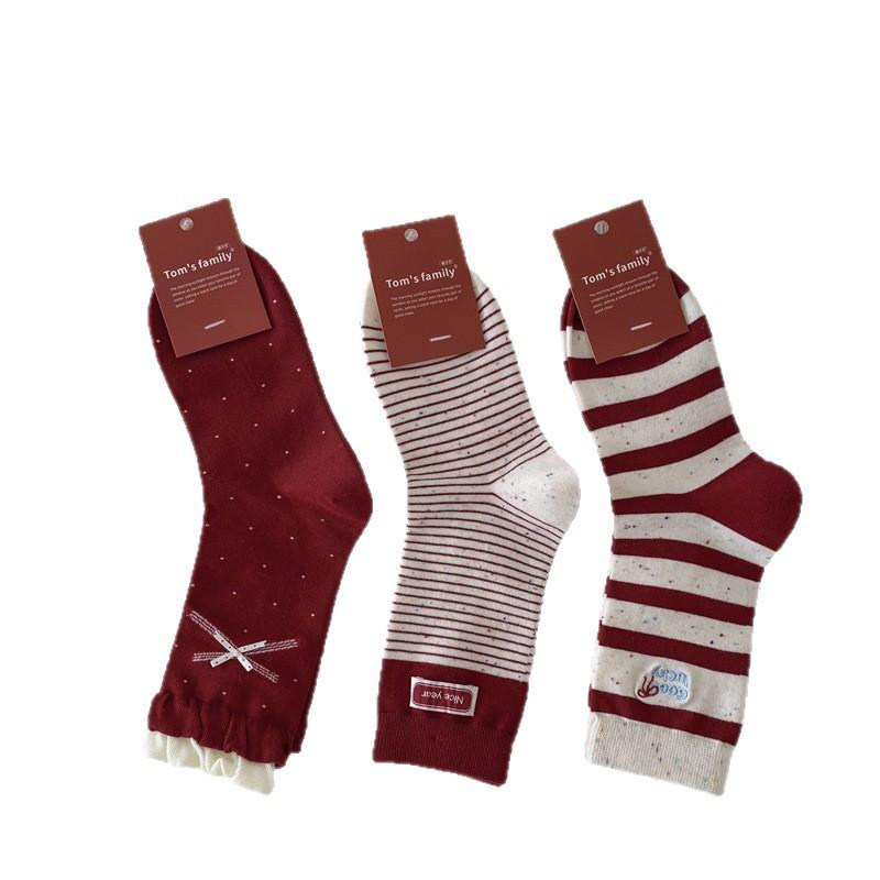 Big Red Socks, Women's Bow Polka Dot Mid-calf Socks, Wedding Red Striped Cloth Label New Year Socks, Dui Dui Socks