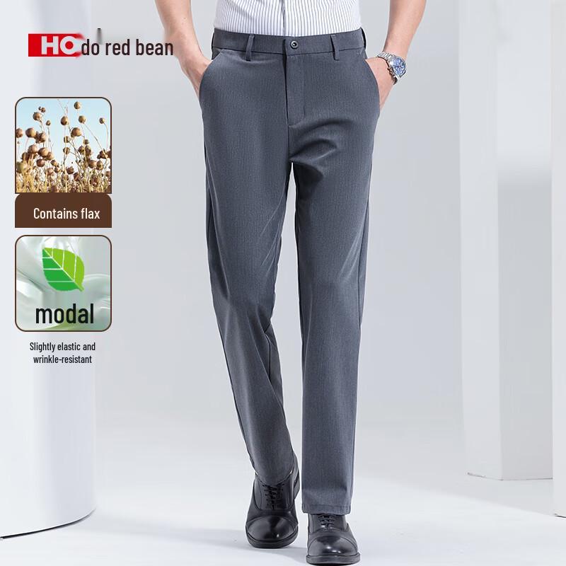 

Hongdou Men s Ice Silk Linen Modal Anti-Wrinkle Straight Leg Casual Trousers 30