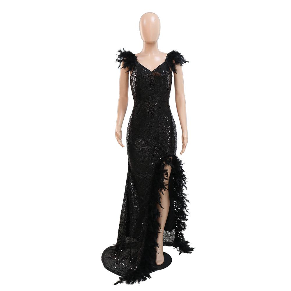 European & American Sexy Feather Sequin High Slit V-Neck Open Back Party Dress
