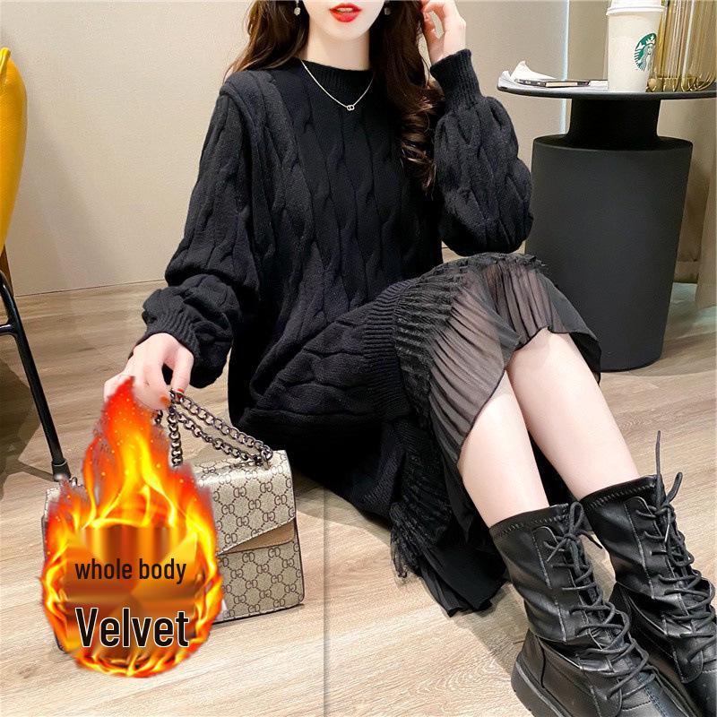 Hrubé vlněné šaty s fleecovou podšívkou: Zeštíhlující, Volný střih, Podzimní/Zimní styl, Perfektní ke kabátům, Pletený krajkový design.