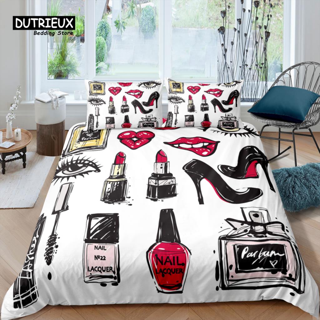Home Living Luxury 3D Lipstick Bedding Set Cosmetic Duvet Cover Pillowcase Queen and King EU/US/AU/UK Size Comforter Bedding